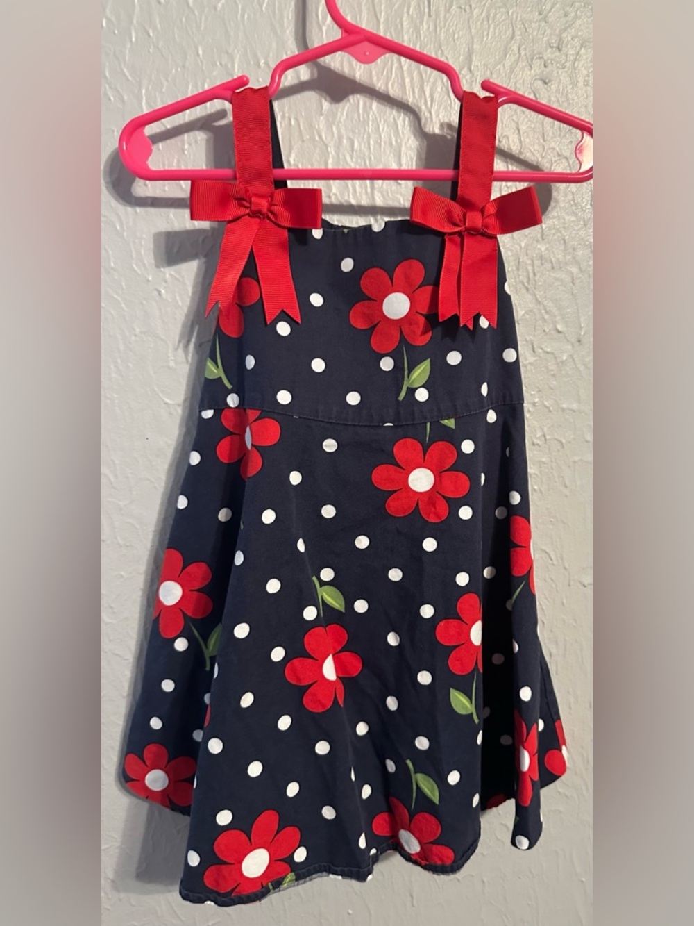 Bonnie Jean Navy Polka Dot Dress with Red Bow Straps